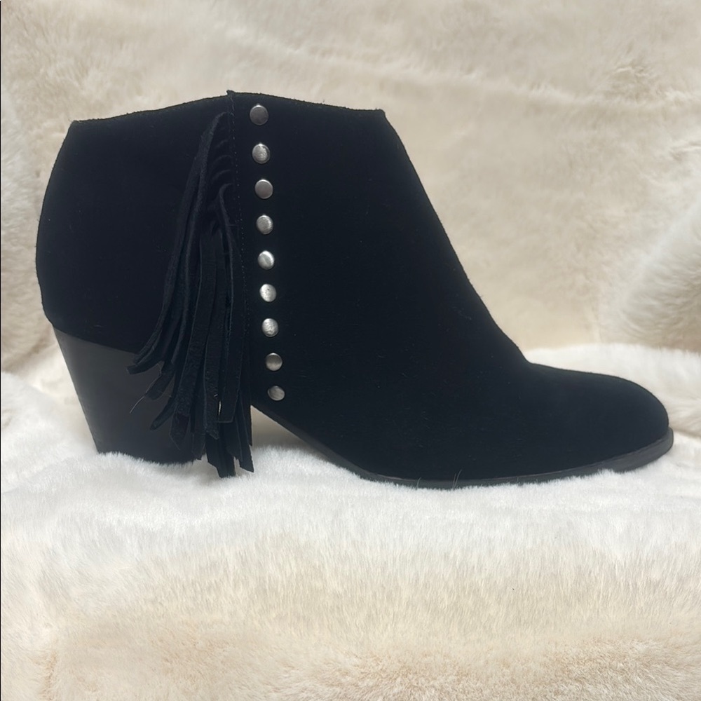 Vionic Black Ankle Booties with Fringe and Studs